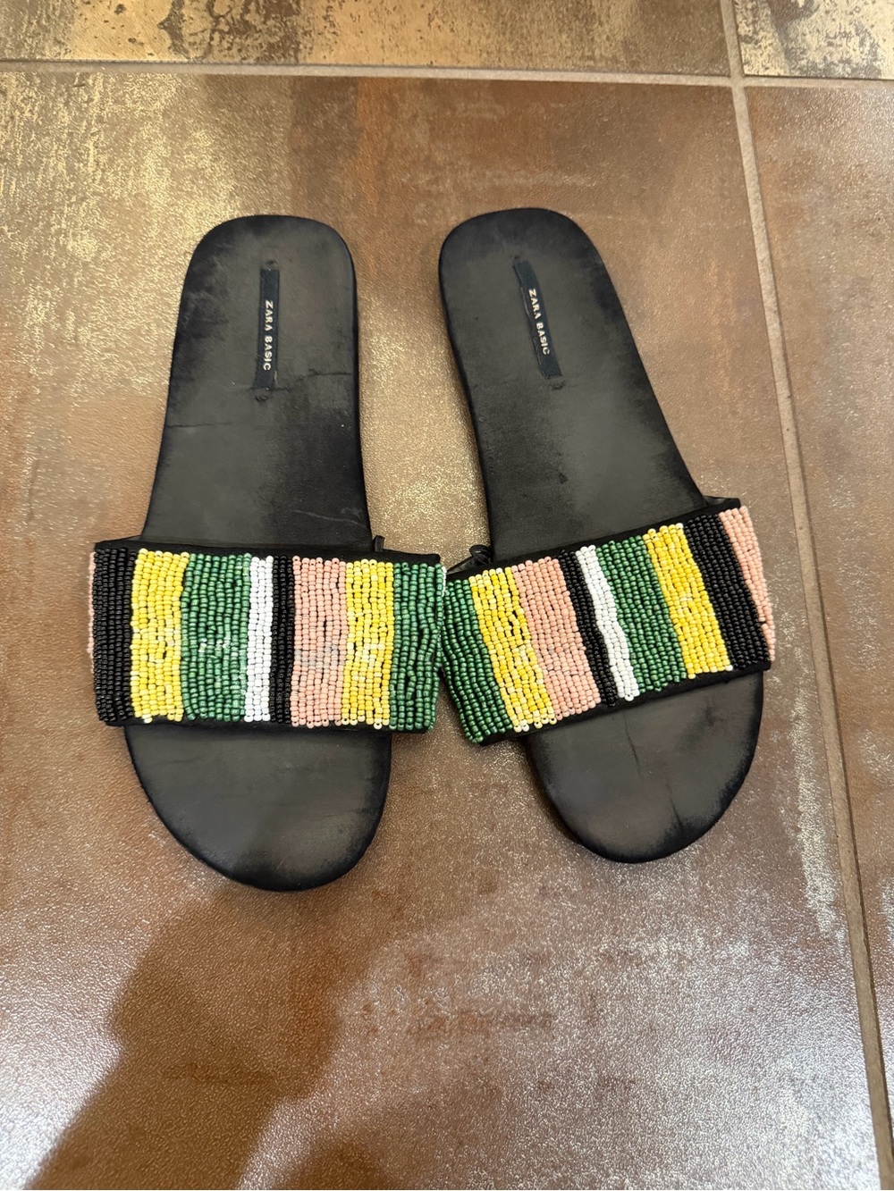 Zara Black Slide Sandals with Green, Yellow, Pink and White Beaded Straps